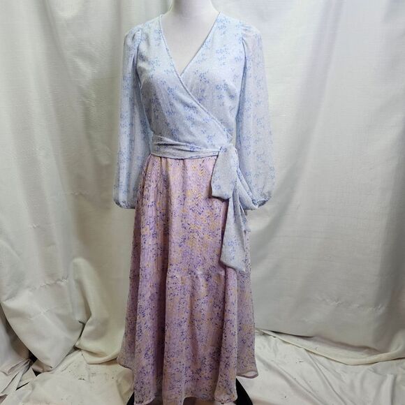 Ann Taylor Blue and Purple Floral Long Sleeve Wrap Dress Size 0 - Picture 10 of 13